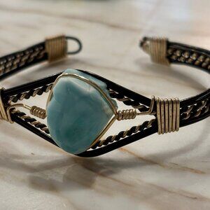Genuine Larimar Cuff Bracelet – Handcrafted Wire Wrap with hook fastener